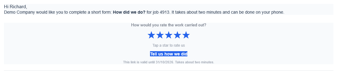 Customer email inviting them to rate the job: five stars in the message, a link to the form, and the date the link expires