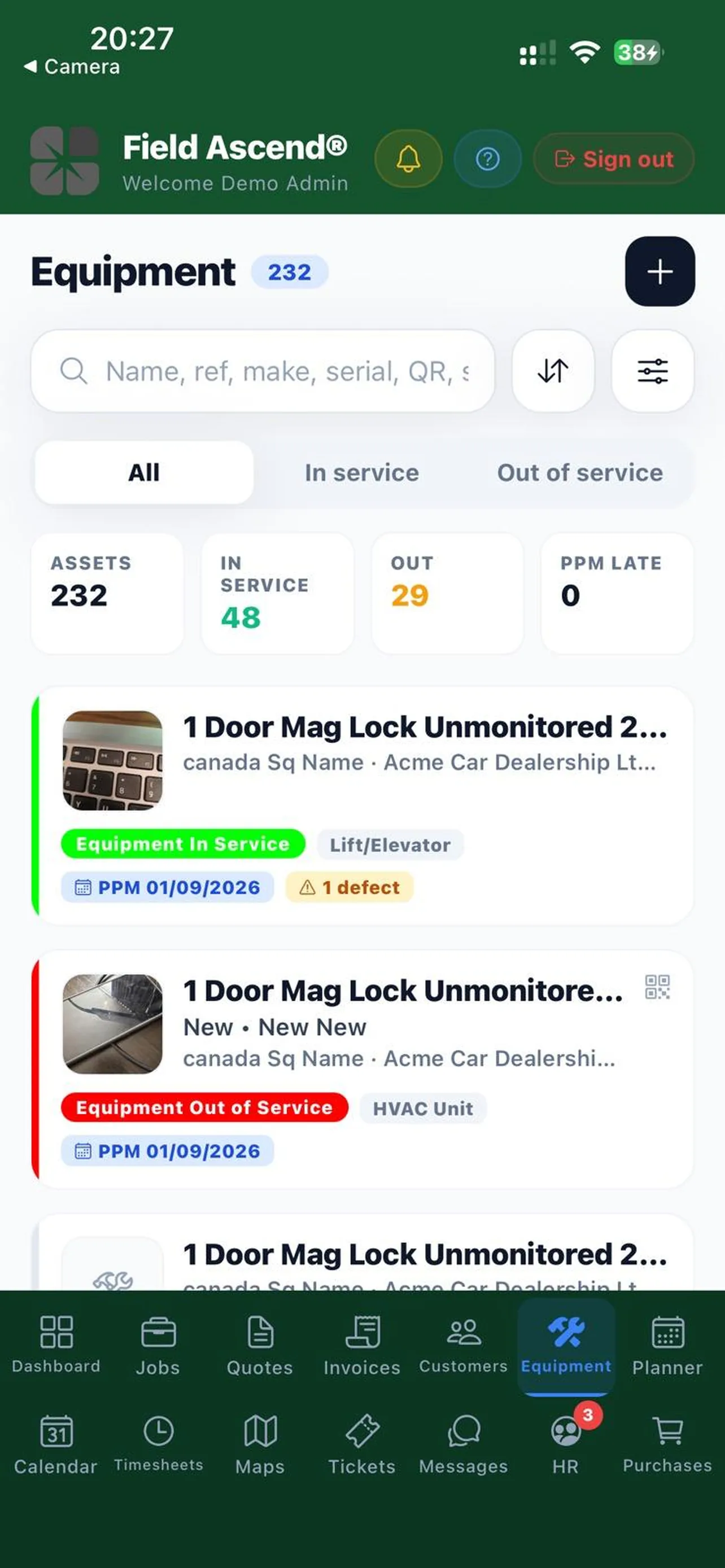 Field Ascend Admin equipment list on a phone showing assets by site with status