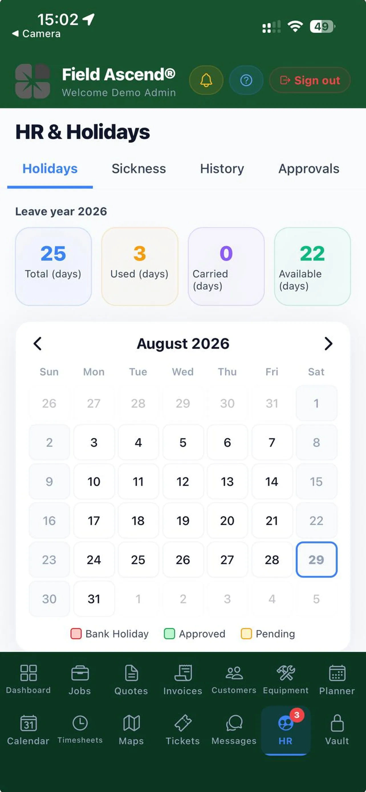 Field Ascend Admin HR holidays tab on a phone with allowance totals and a request form