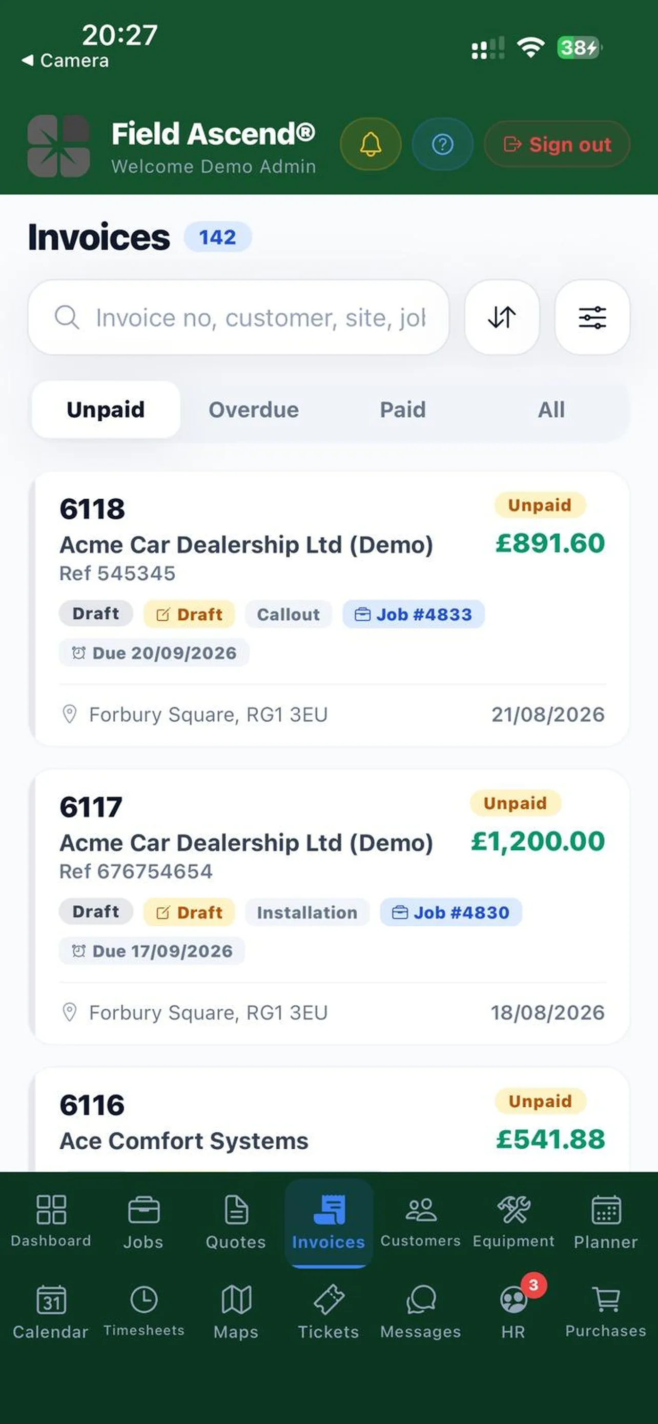 Field Ascend Admin invoices list on a phone with status filters and totals