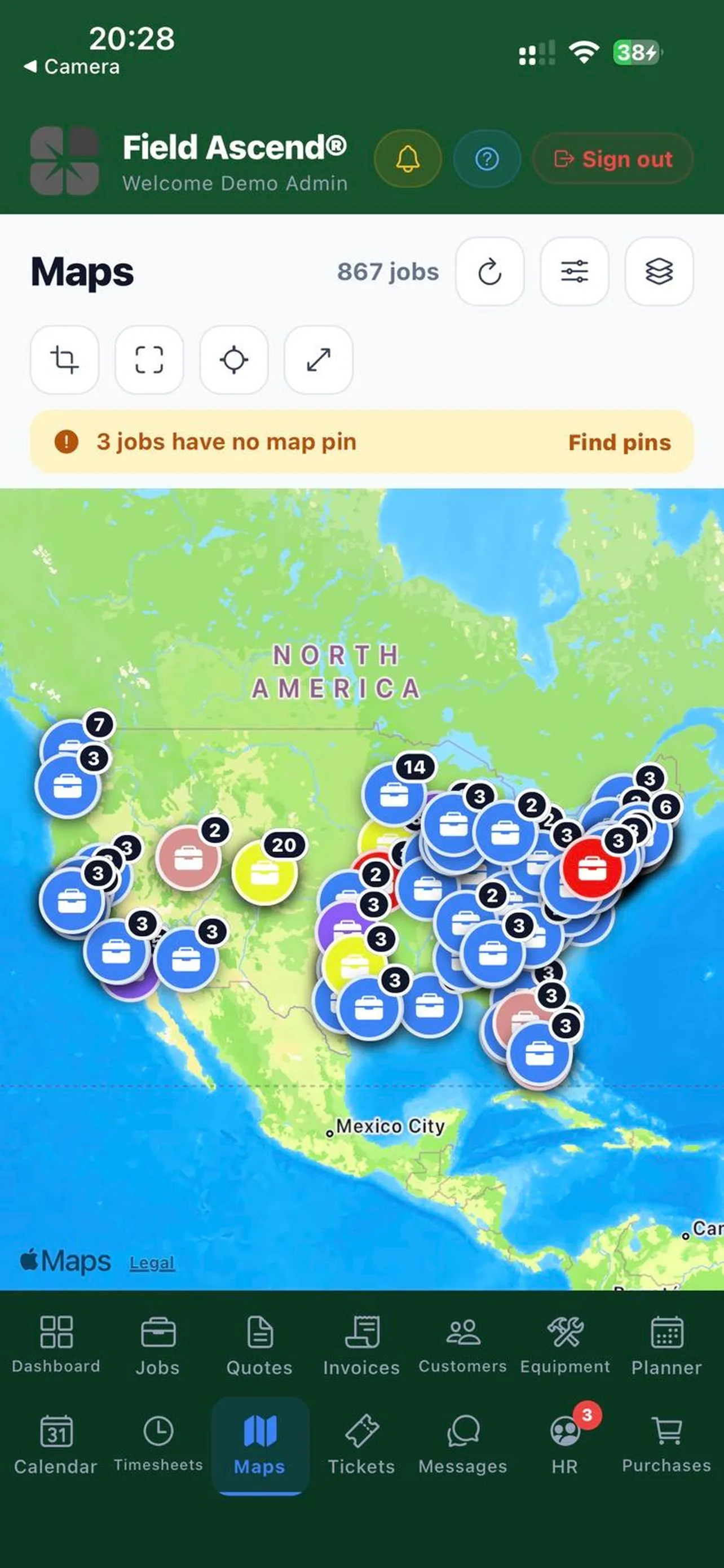 Field Ascend Admin jobs map on a phone with job pins and live engineer positions