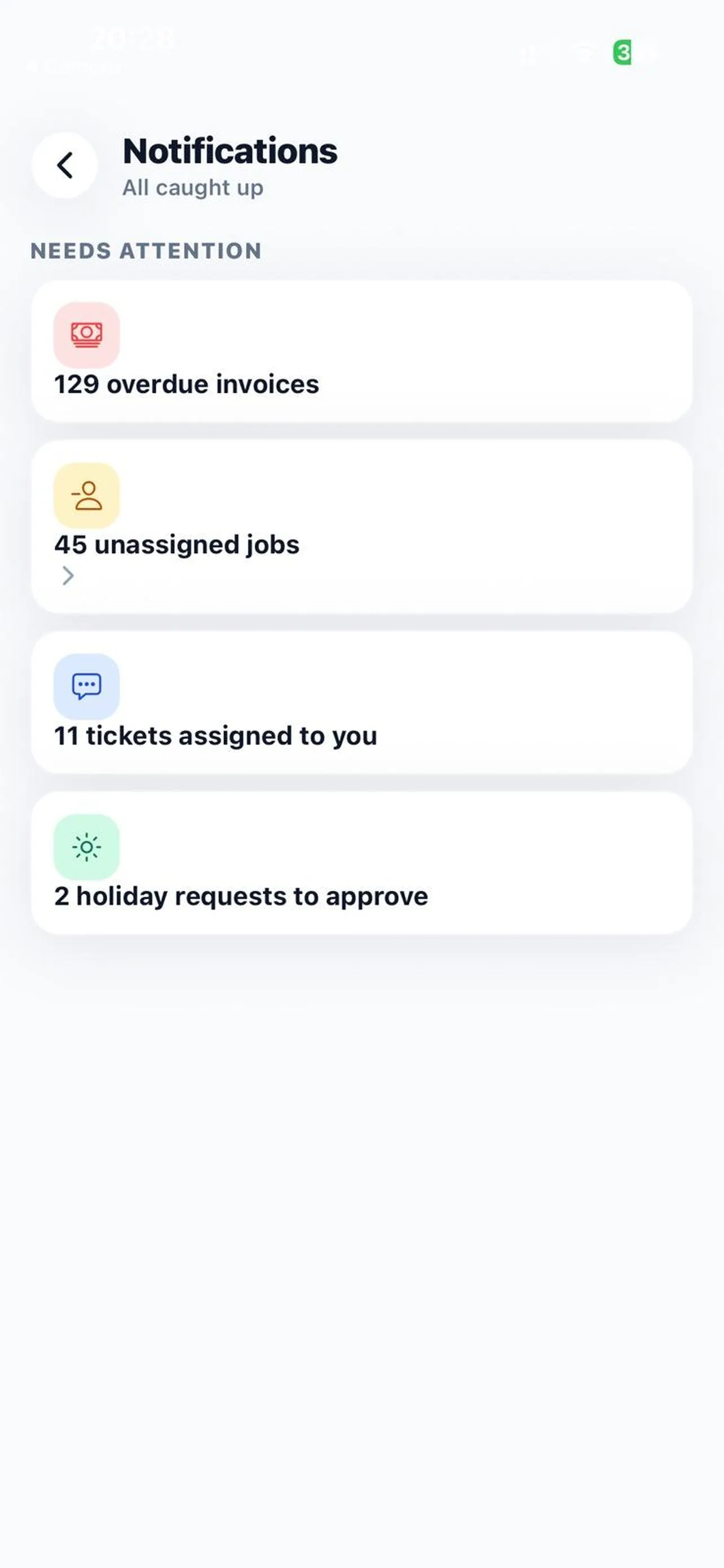 Field Ascend Admin notifications list on a phone with read and dismiss actions