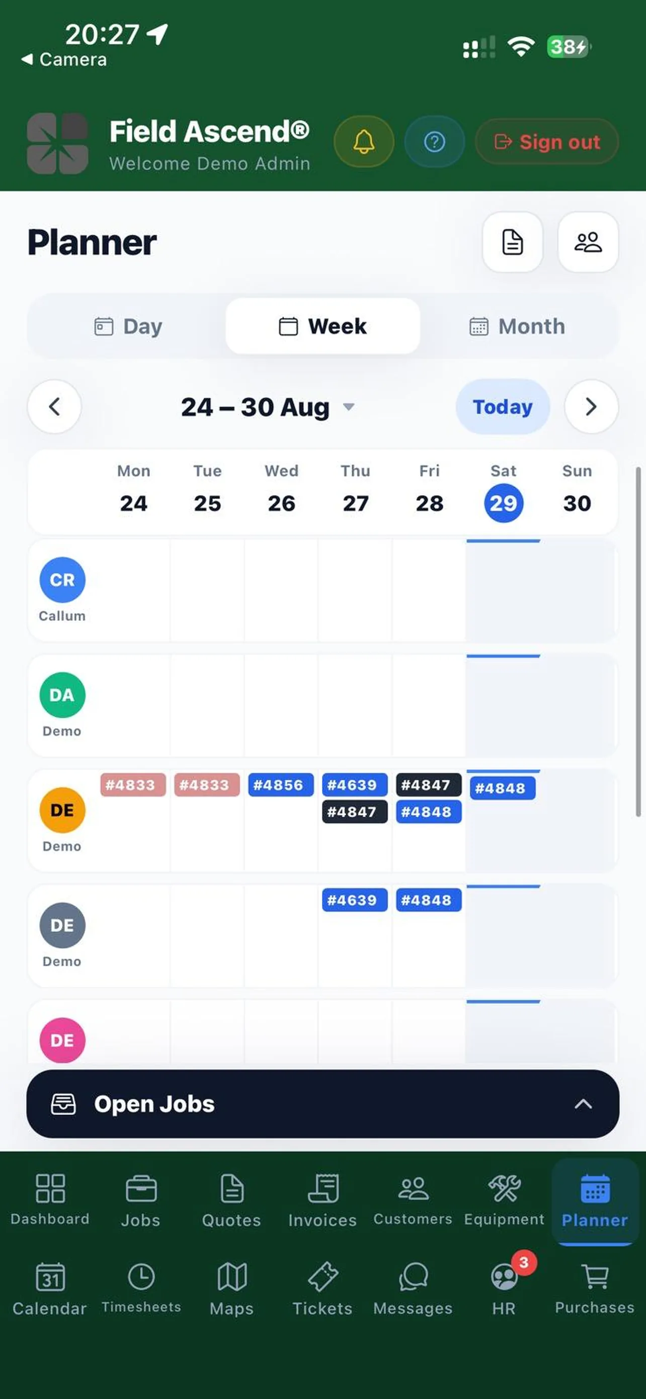 Field Ascend Admin planner on a phone showing engineer rows with scheduled jobs