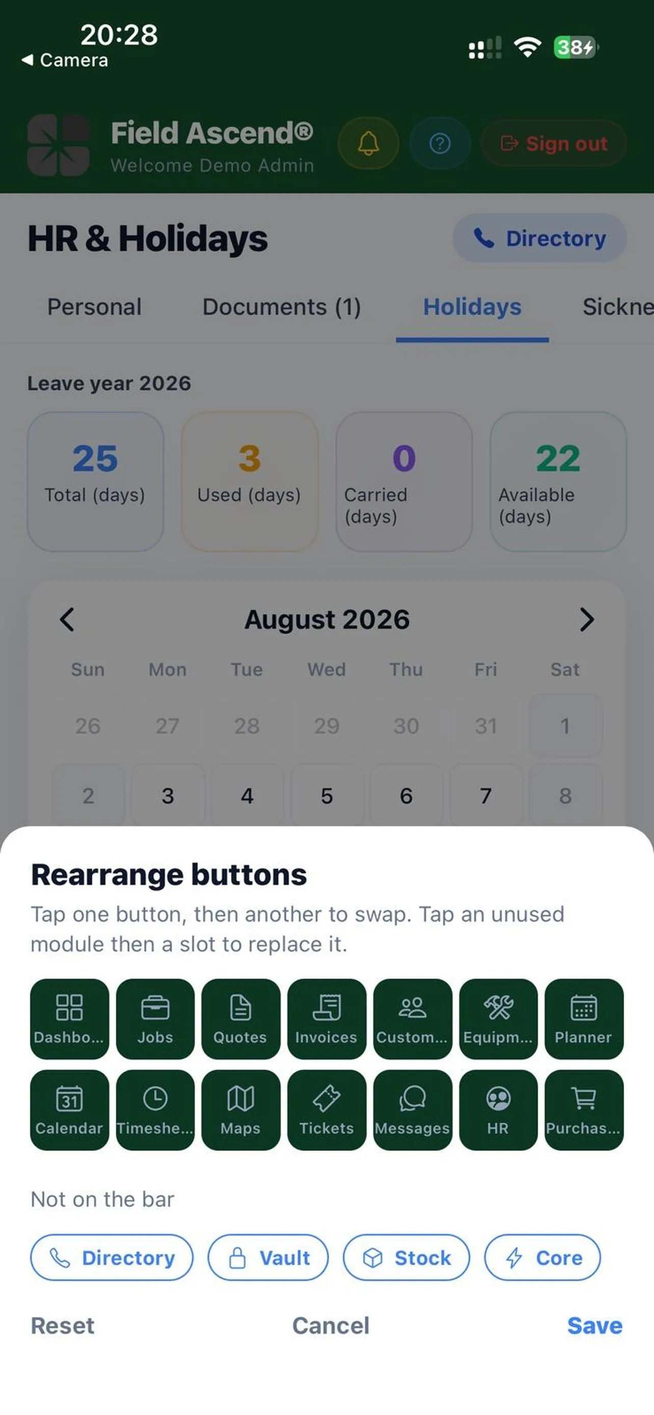 Field Ascend Admin navigation rearrange sheet on a phone showing the two by seven module grid