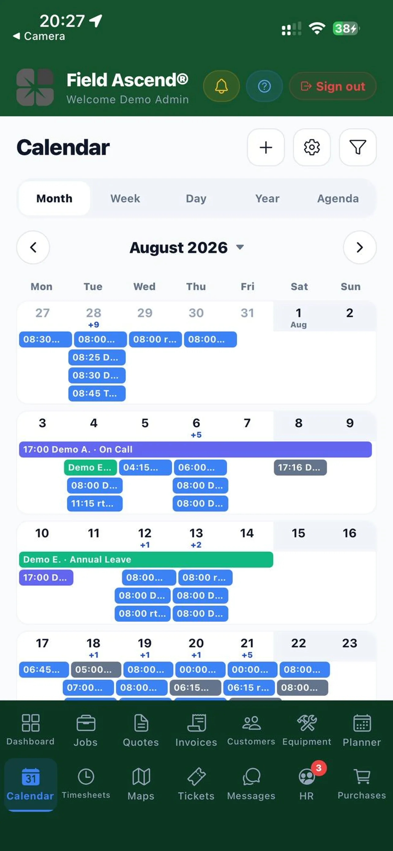 Field Ascend Admin team calendar on a phone showing jobs and holidays by day