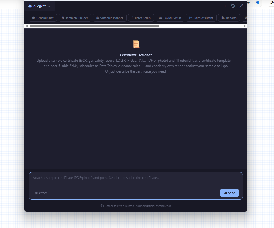 Certificate Designer with AI Designer open, canvas page and flow-page tools visible