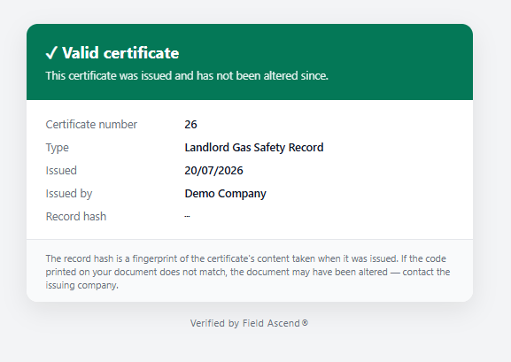 Issued Certificates register with due-date tiles, status and links to PDF, verify and readings