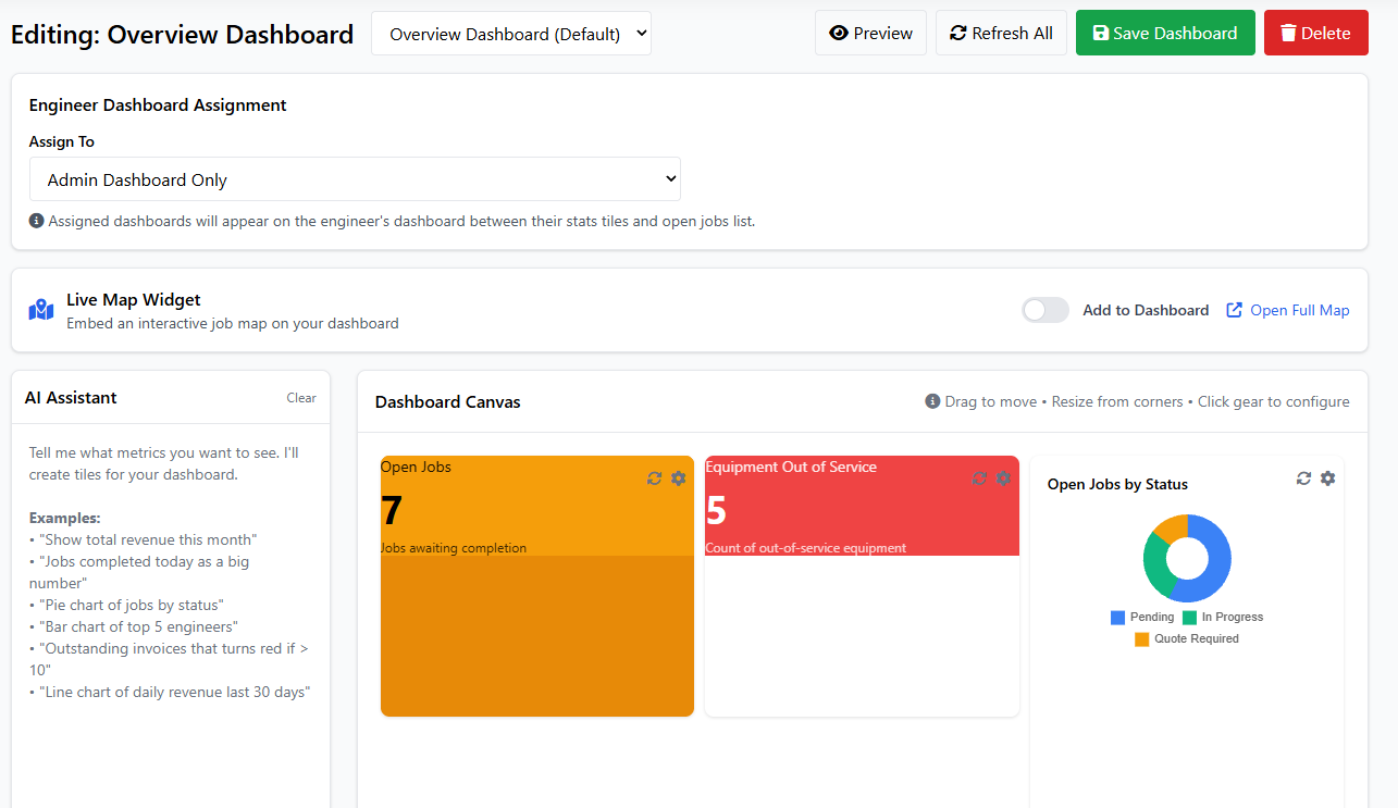 AI field service management software UK dashboard showing natural language query interface and intelligent automation features