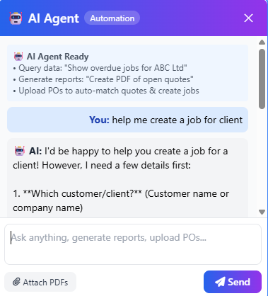 AI field service software UK natural language query example showing plain English question and instant data response