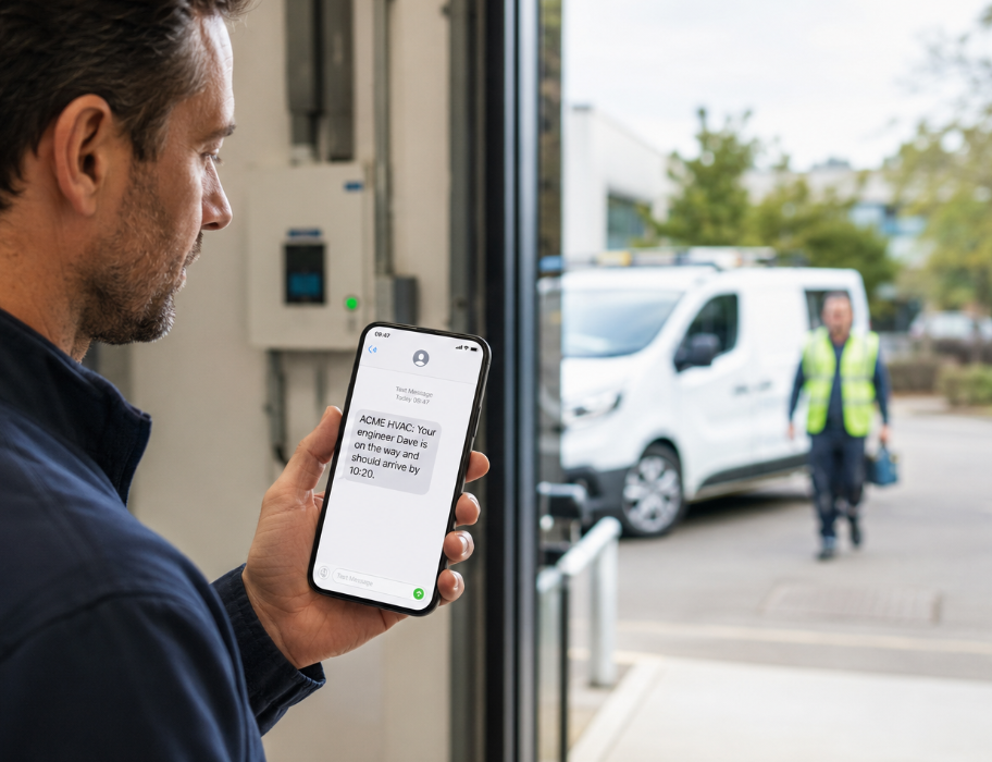 Field service customer receiving an automatic engineer on-the-way text message on their phone
