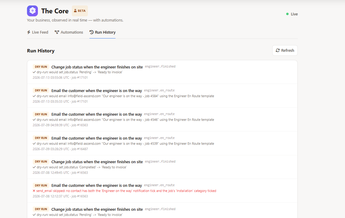 Automation run history showing dry-run, success, failure, and before-and-after audit details