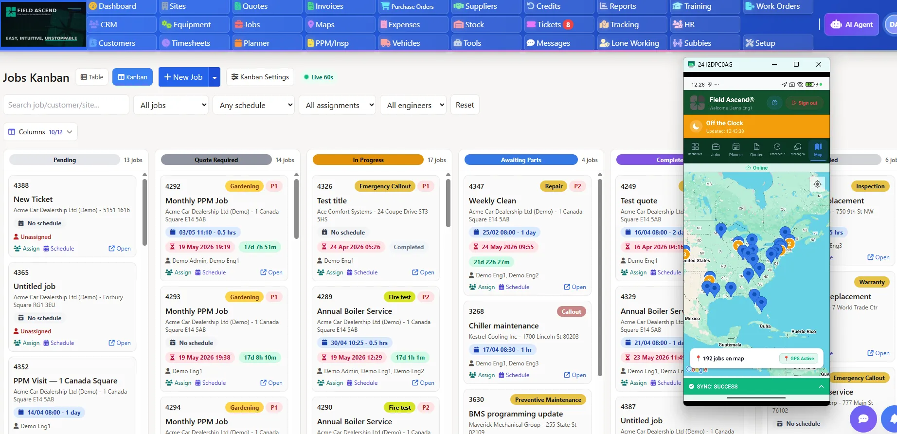 Field Ascend admin dashboard showing field service management software for US contractors with jobs, technicians, quotes, invoices and reporting