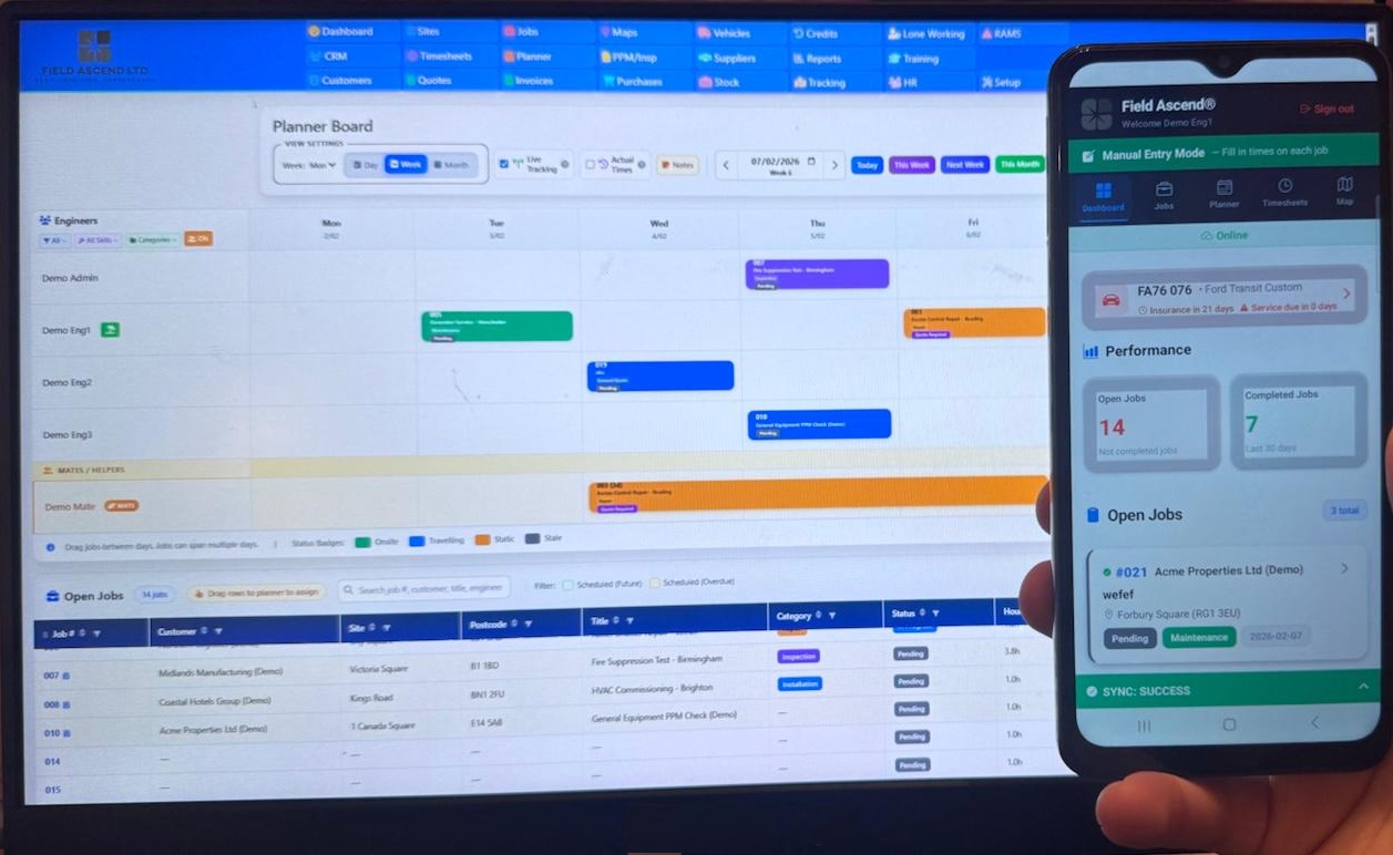 Field service management software UK – office scheduling dashboard connected to engineer mobile app with offline capability