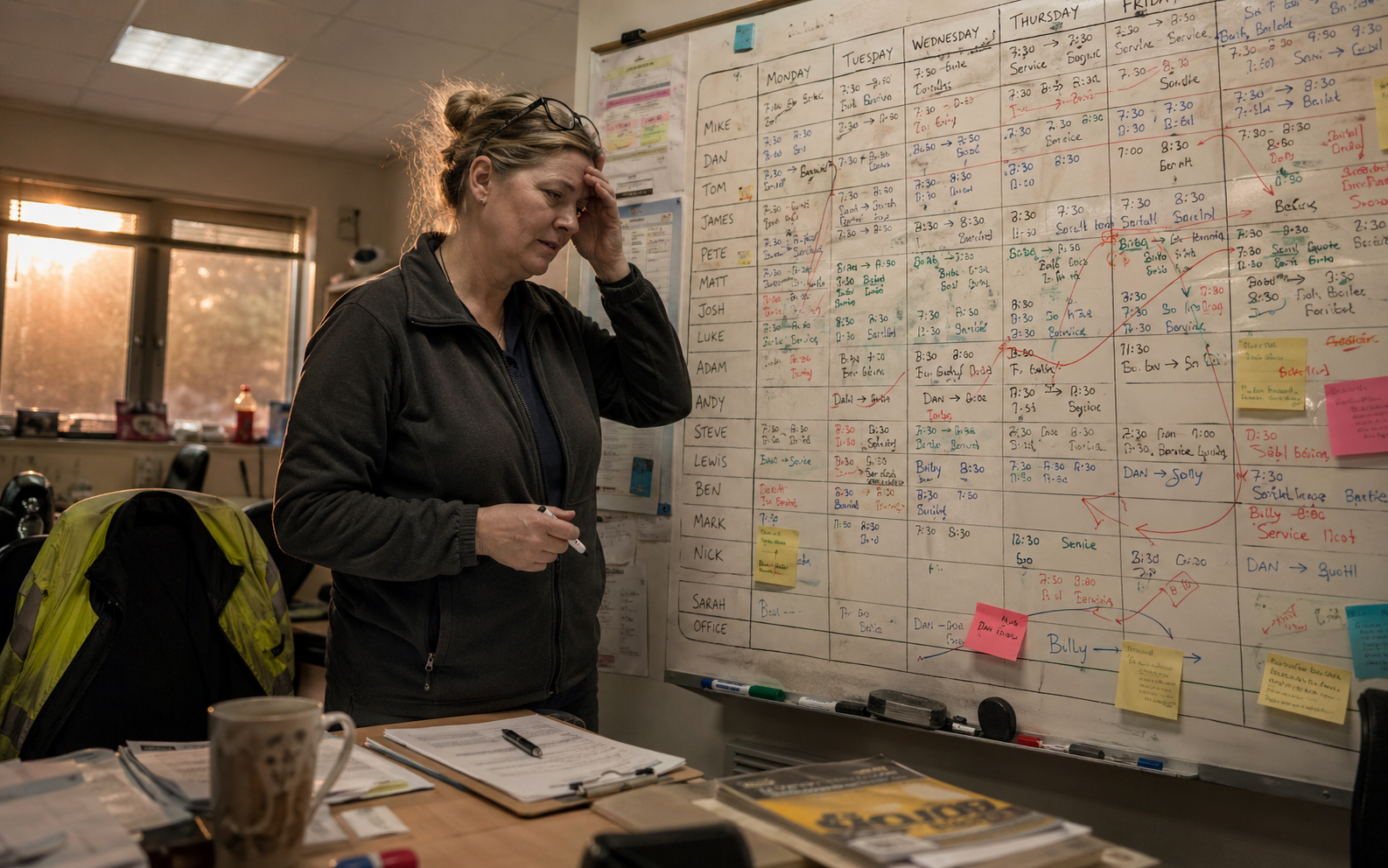 burned-out scheduler standing by a crowded whiteboard schedule for commercial engineers