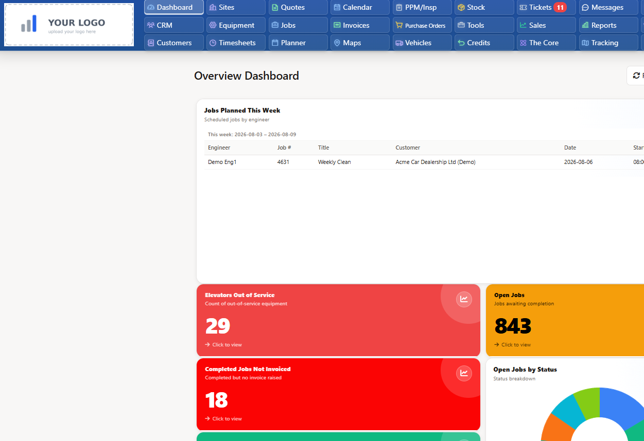 Contractor management software dashboard showing scheduled jobs, engineers and subcontractor assignments in Field Ascend