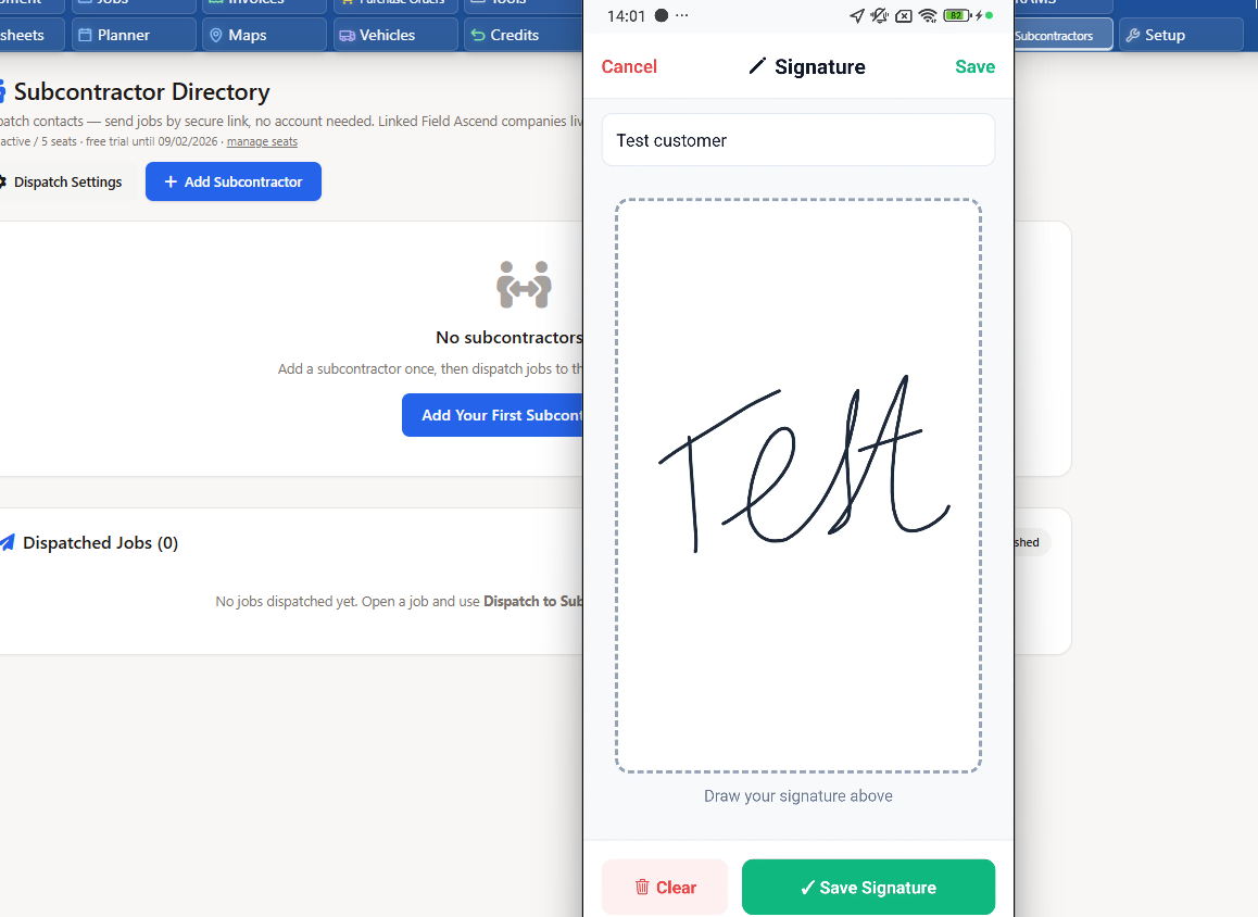 Engineer capturing job photos and a customer signature in the contractor management mobile app