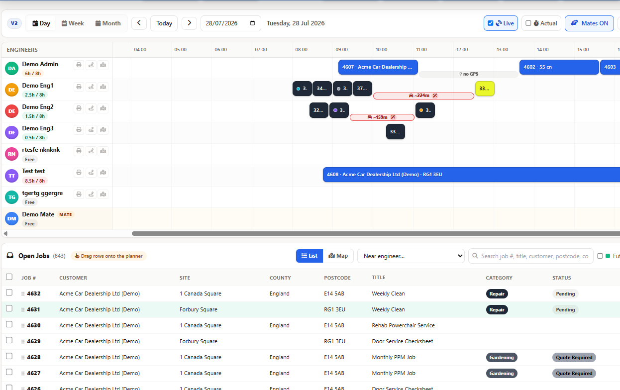 Contractor scheduling software planner board with engineer and subcontractor lanes