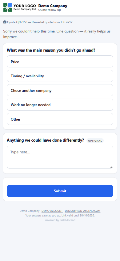 Quote follow-up customer feedback form on a phone asking the main reason the quote was not accepted, with an optional comment and a Submit button under the company logo