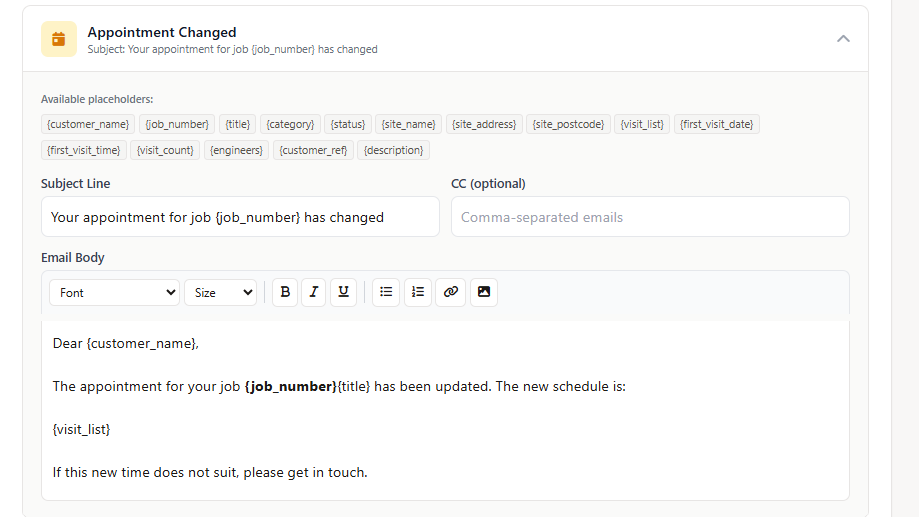Customer journey email automation showing appointment, technician status, invoice, estimate, and service reminder notifications