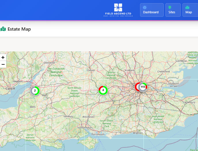 Customer portal estate map showing multiple sites with equipment status filters