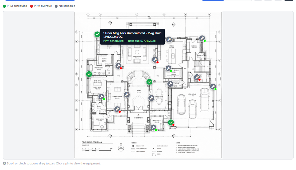 Customer portal floorplan and control room view with pinned equipment status colors