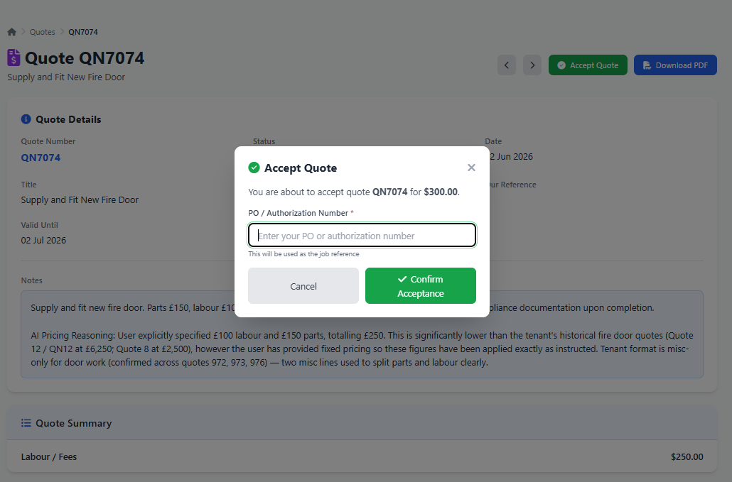 Customer portal estimate and invoice access showing online approval and invoice downloads