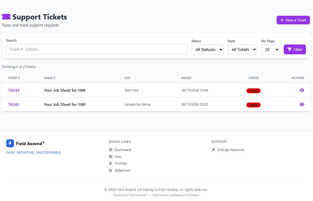 Customer portal support ticket form for submitting service requests