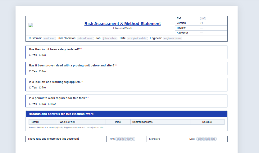 Digital RAMS software document builder showing method statement sections and a live A4 preview