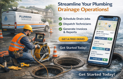 Drainage contractor job board in Field Ascend showing CCTV survey scheduling and mobile app