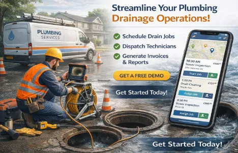 Drainage field service software dashboard for service jobs and customer work history