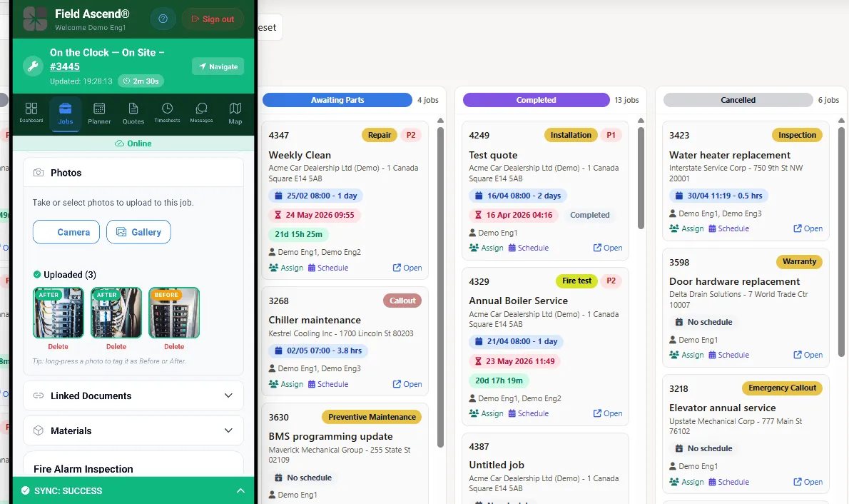 Mobile electrical work order for electricians with site history, inspection notes, check-in and completion actions
