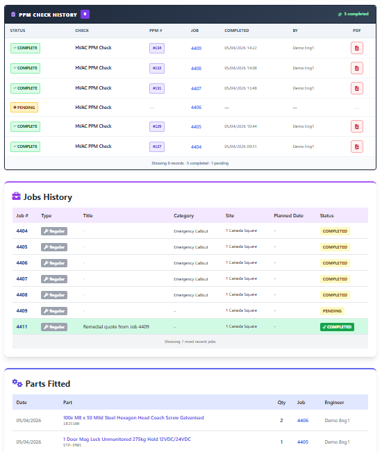 Elevator defect tracking software showing deficiencies and follow-up repairs