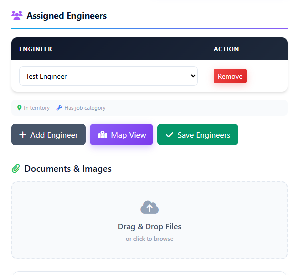 Engineer matching panel showing skill badges and territory status