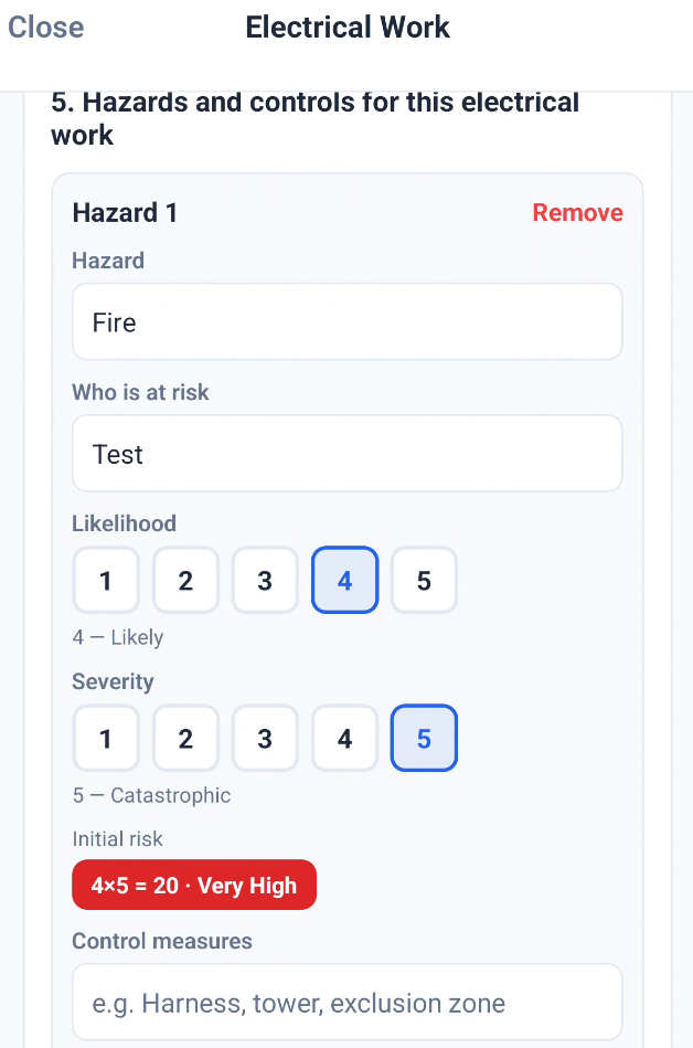 Field engineer completing a digital RAMS checklist with hazards photos and signature in the mobile app