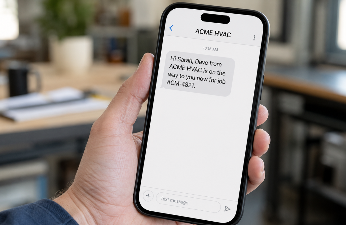 Mobile phone showing an engineer on the way SMS from a field service company