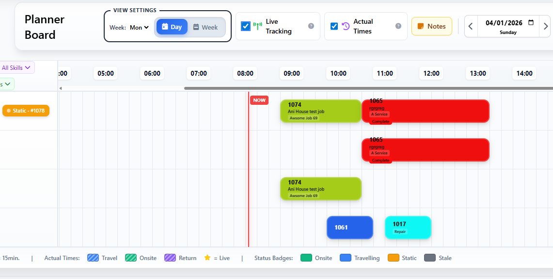 Engineer scheduling software UK showing drag-and-drop planner board with multiple engineers