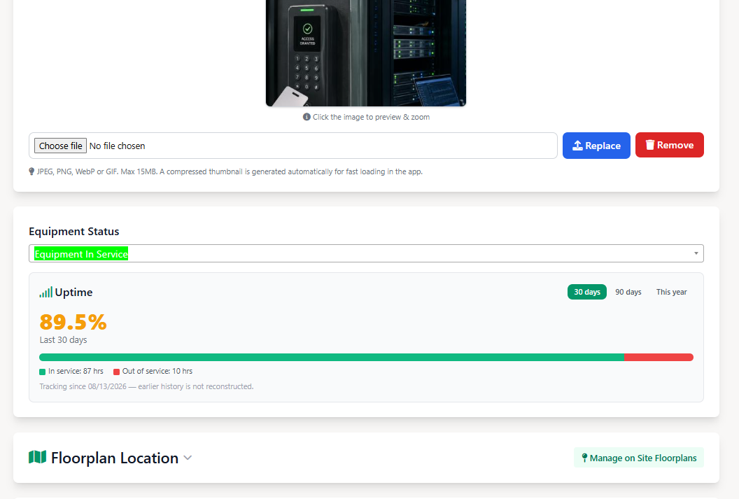 Equipment uptime report used to calculate fleet uptime from a live status timeline