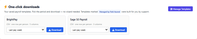 Export for Payroll with saved one-click template tiles for BrightPay and Sage 50 Payroll