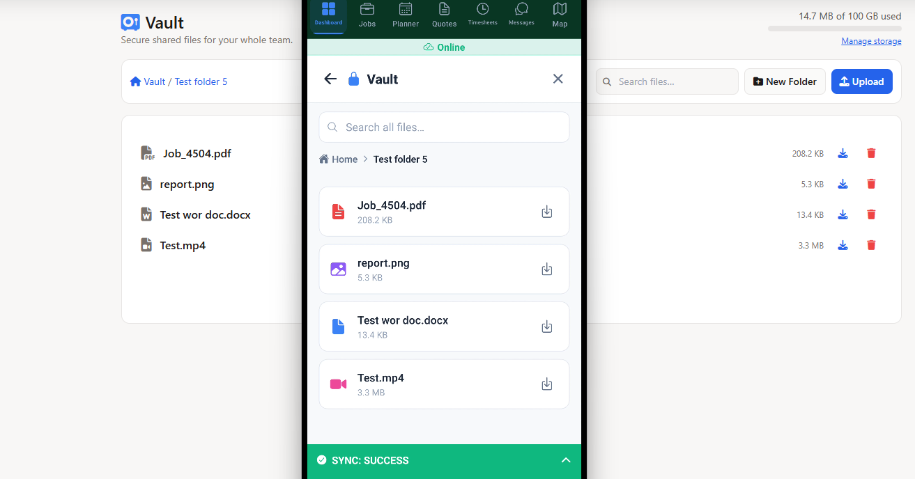Field Ascend Vault folder permissions screen granting document access to specific teams and departments in FSM software