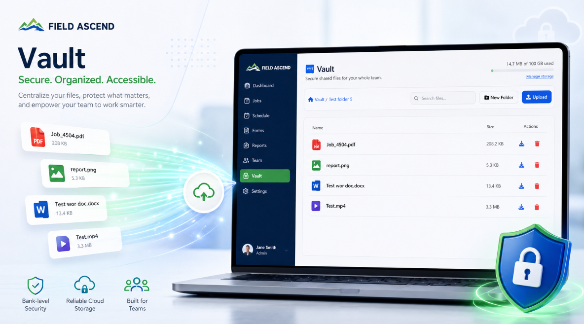 Field Ascend FSM software document management dashboard showing Vault folders for O&M manuals, certificates and safety data sheets with team access control for UK field service engineers
