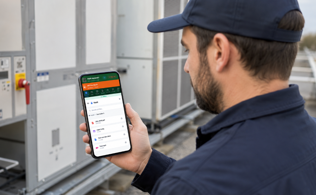 Field service engineer viewing an equipment O&M manual in the Field Ascend Vault mobile app on a phone
