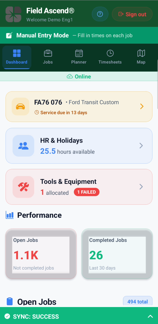 Field Ascend field service mobile app dashboard showing vehicle status, PTO hours, tools and equipment, open jobs, completed jobs, and sync status for a US technician