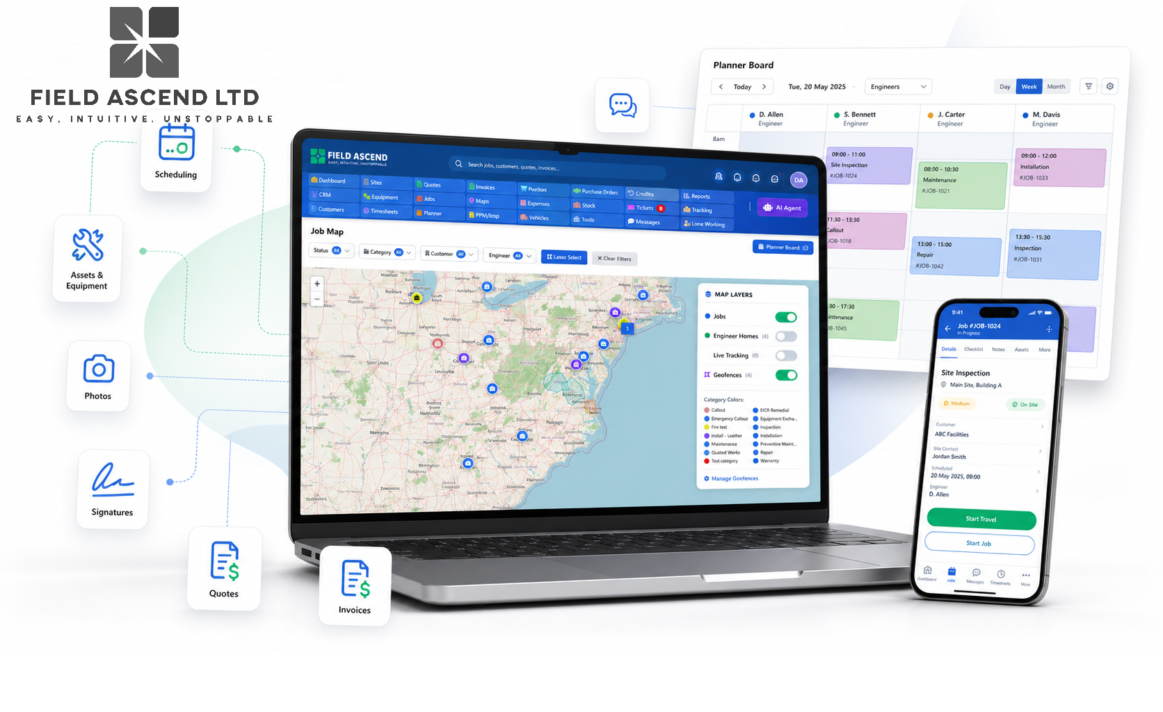 Field Ascend field service management platform for scheduling, dispatch, mobile engineer workflows, assets and invoicing
