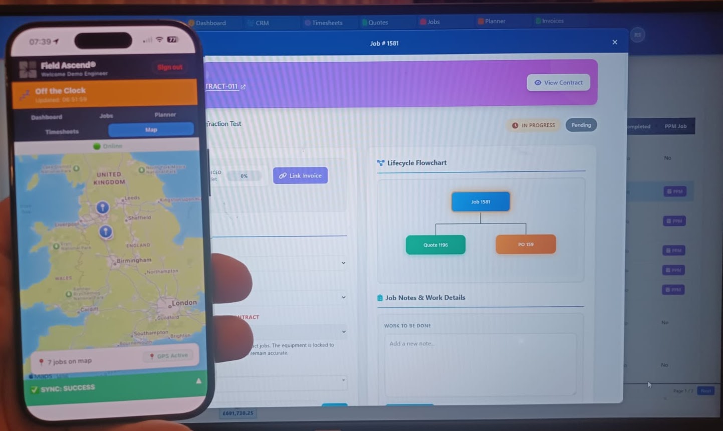 Field service app for engineers showing job completion workflow on mobile device