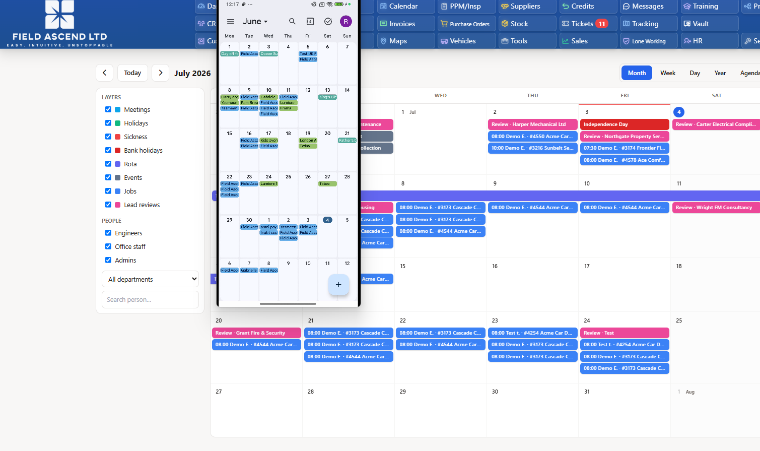 Field service calendar integration showing the Field Ascend Team Calendar synced with a phone calendar displaying the same shifts and events