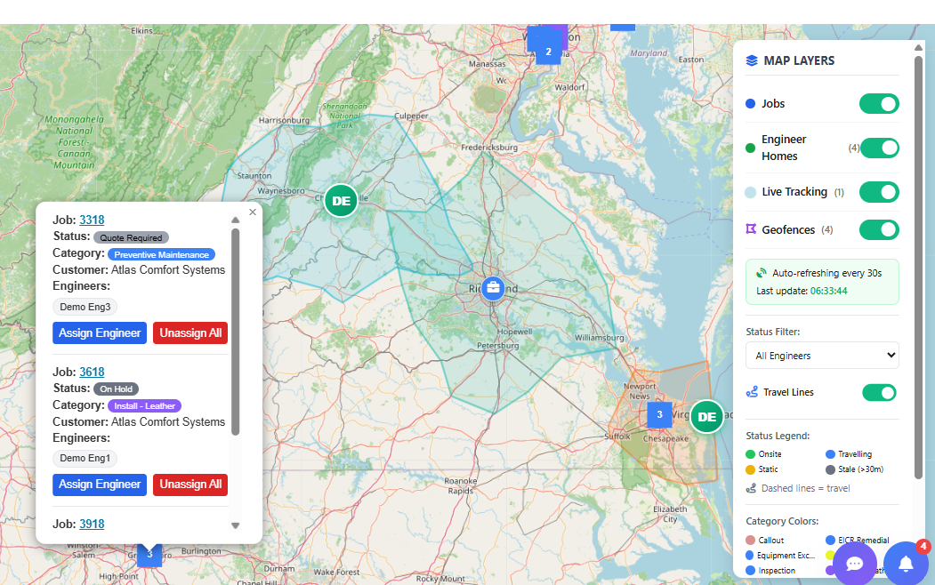 Field service dispatch workforce map showing U.S. technician locations scheduled work orders and job status filters