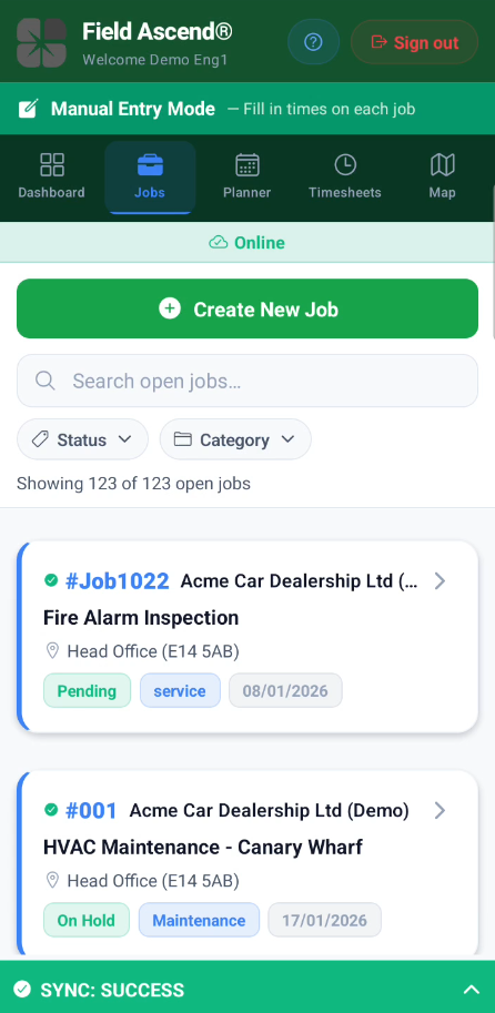 Field service engineer software job detail screen on mobile