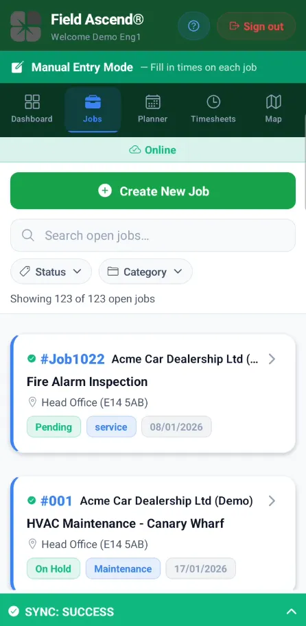 Mobile app job detail screen showing work done, materials, and customer information
