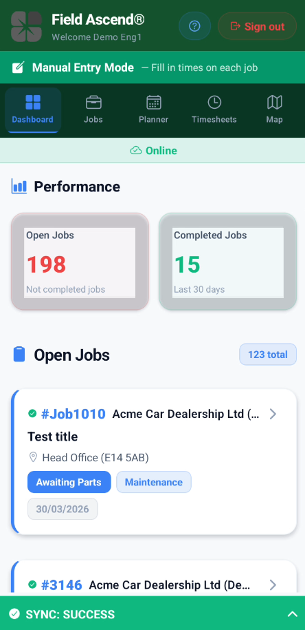 Field service engineer software showing today's job list on a mobile phone