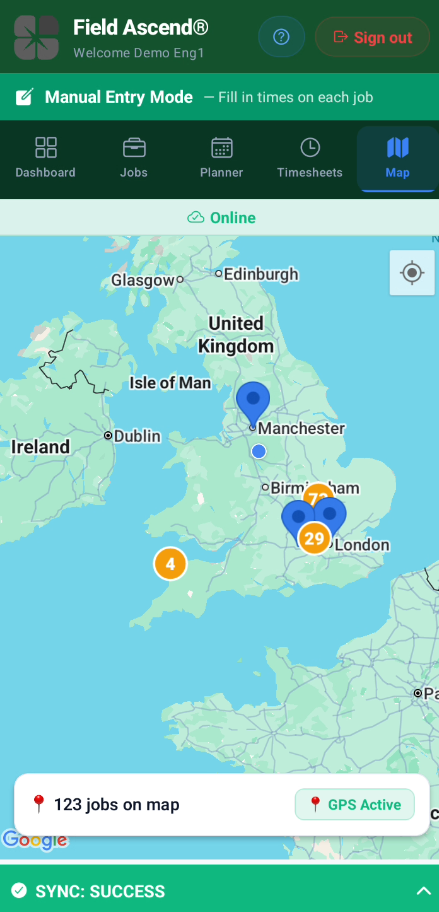 Field service engineer software map view on mobile